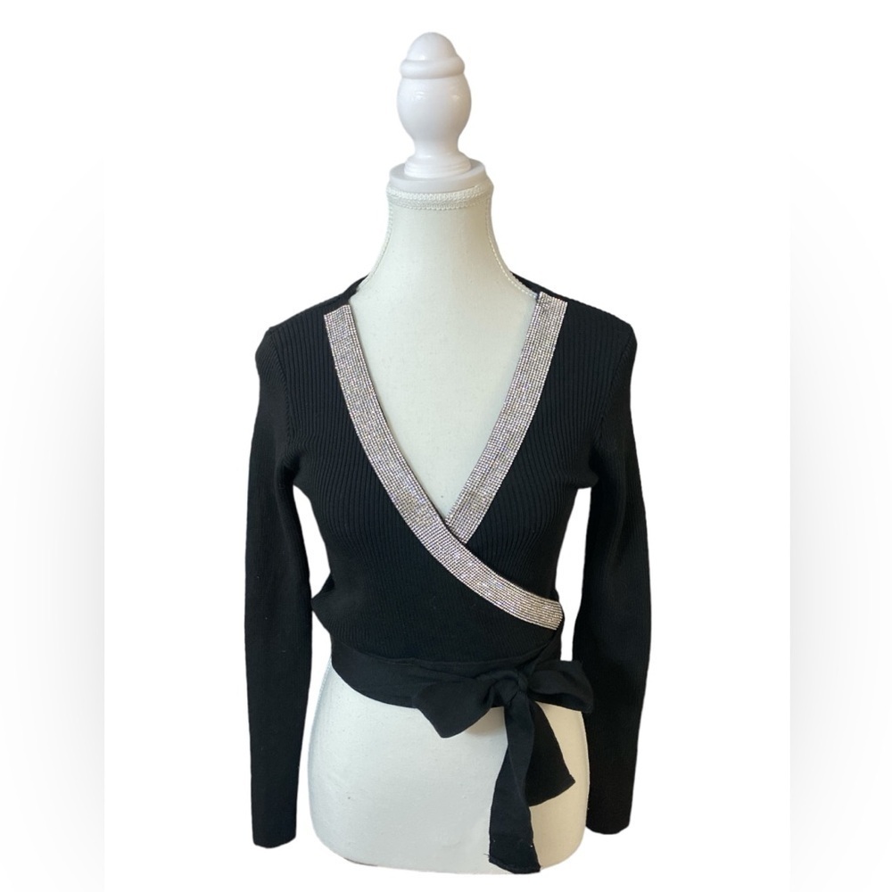 Fashion Nova Black Wrap V-Neck Sweater with Silver Trim
